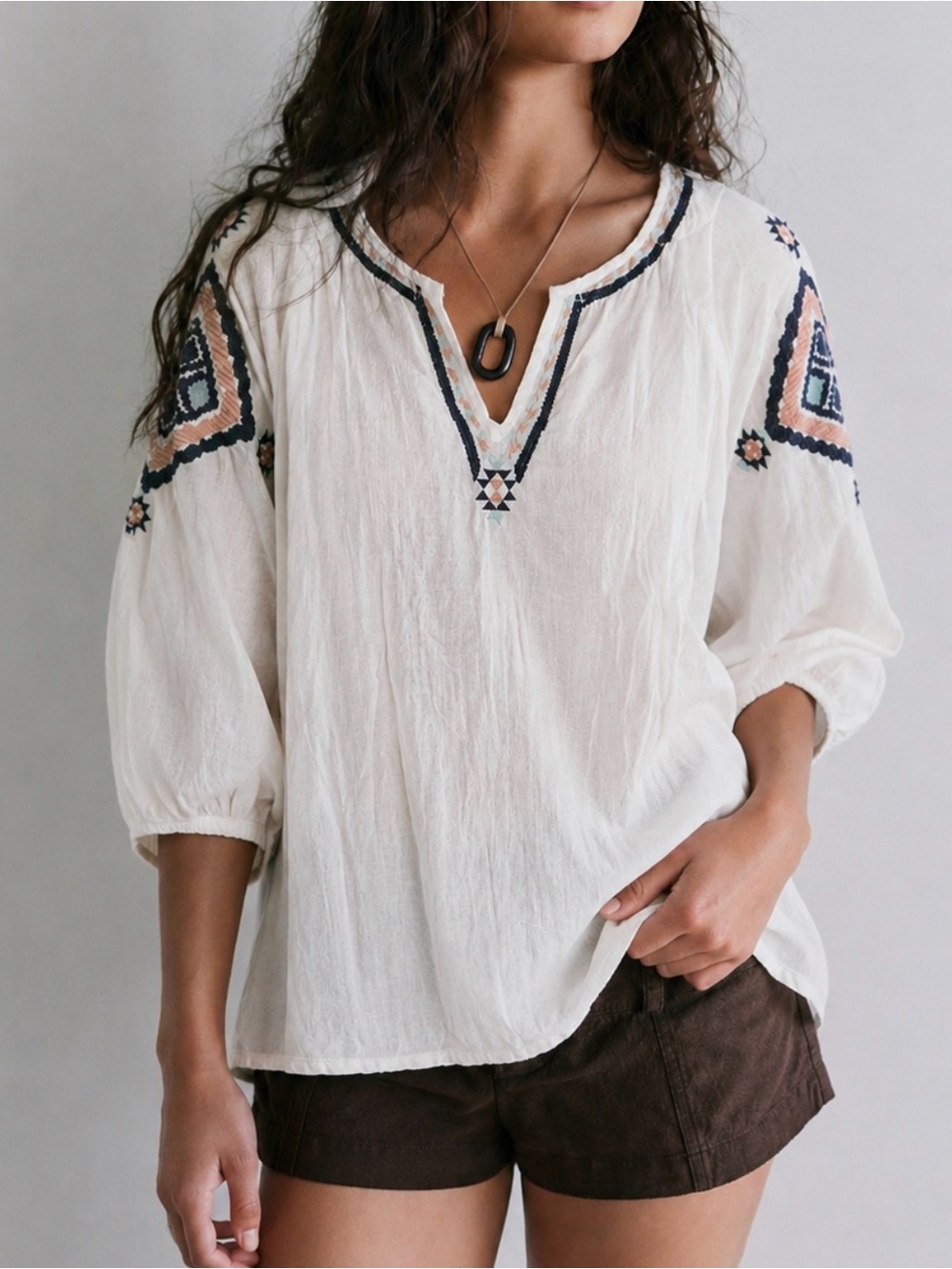 Angie Women’s Embroidered V-Neck Peasant Top - Cream